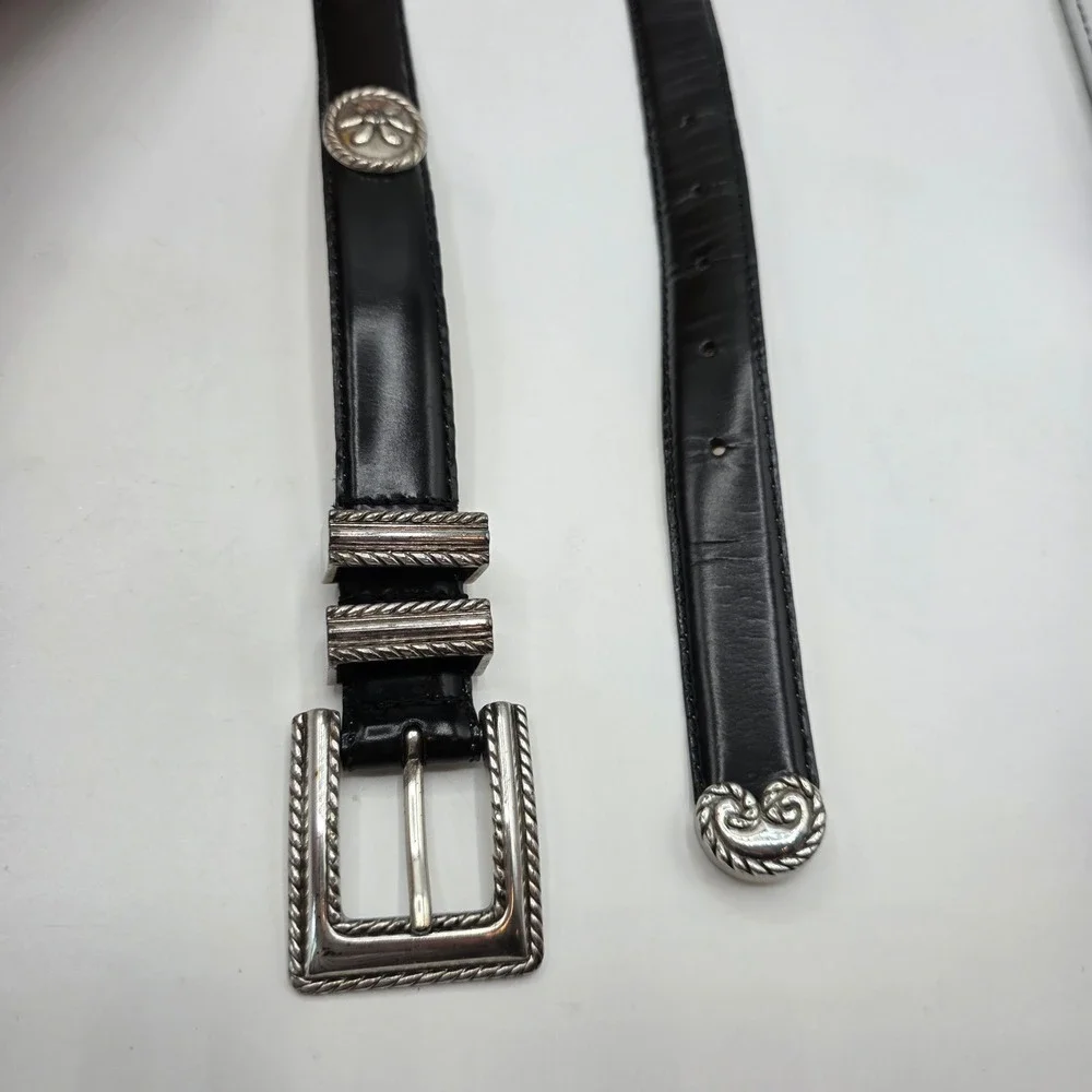 Barse Black Genuine English Leather Belt Silver Western Concho Heart Tip Small